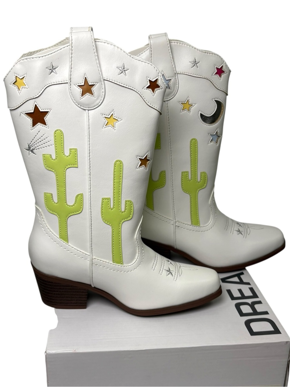 Dream Pairs Kids Girls Western Cowboy Boots White Cactus Star Size 1